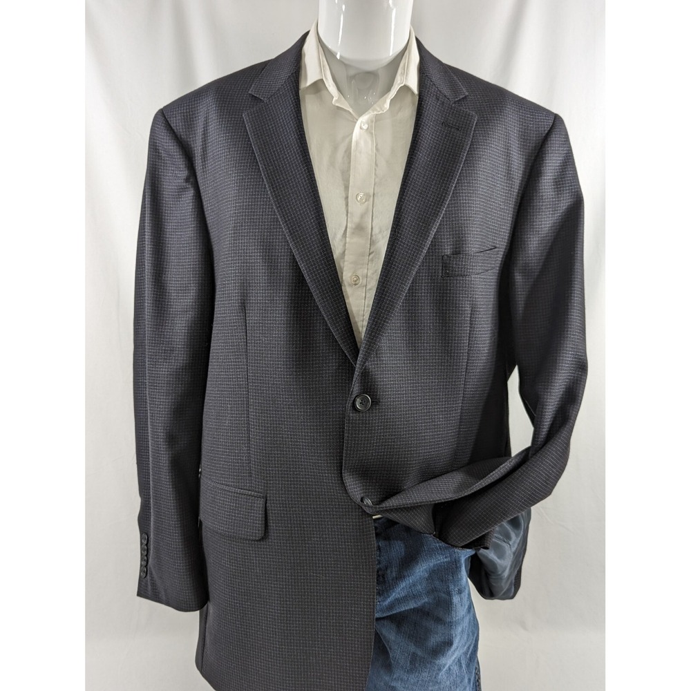 Pronto Uomo Platinum Suit Jacket 48L Long Black Blue Birds Eye Wool Blazer